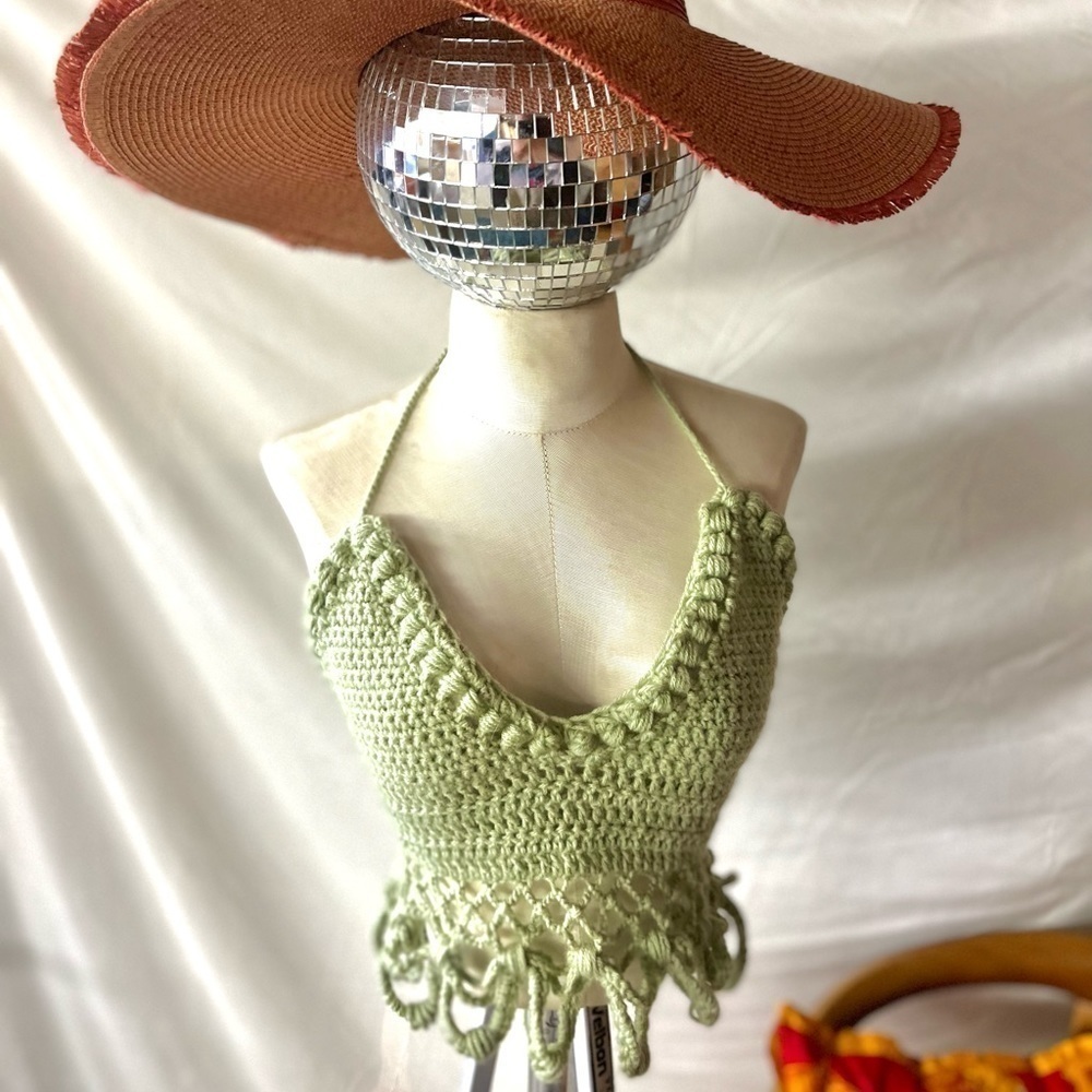 CROCHETED LIGHT GREEN FESTIVAL OR SWIM TOP - Picture 3 of 13